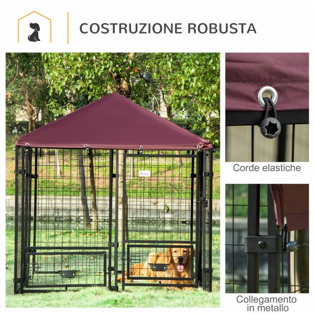 PawHut Outdoor Dog Run με κλειδαριά, 2 περιστρεφόμενα μπολ και αφαιρούμενο κάλυμμα, μαύρο και κόκκινο