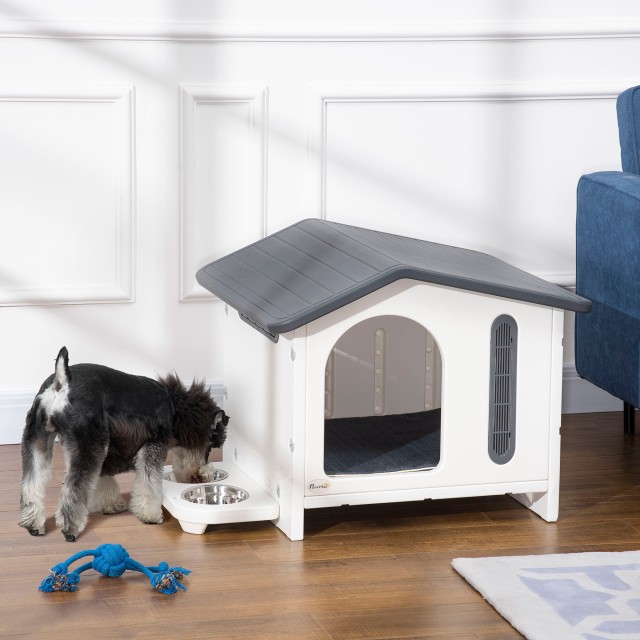 PawHut Raised Dog House με δίσκο για 2 μπολ, παράθυρα και αφρώδες μαξιλάρι, 70x64x56cm, γκρι και λευκό D04-243V00WT