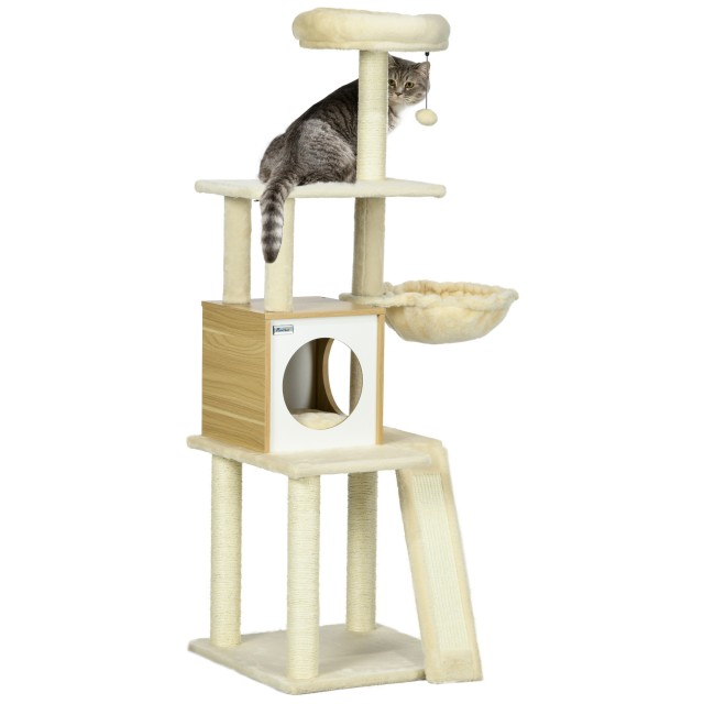 PawHut Cat Tree with House, Scratching Post for Cats, Perch and Stake, 48,5x48,5x141,5 cm, Beige