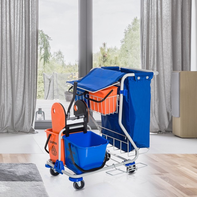 Homcom Professional Cleaning Cart with 4 Buckets 18L / 6L Blue and Orange