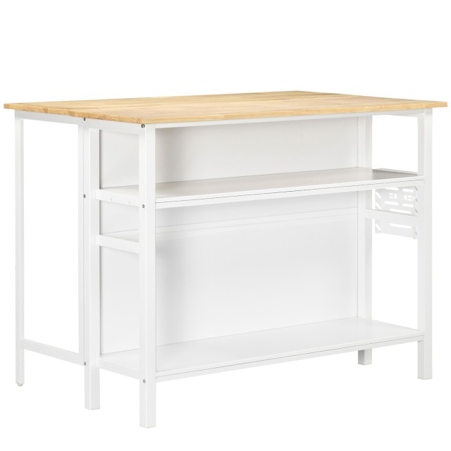 HOMCOM Kitchen Island με πτυσσόμενο πάγκο και 2 ράφια από ξύλο και ατσάλι, 120x76x91,5 cm, Λευκό