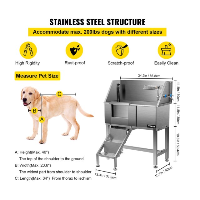 Μπανιέρα Περιποίησης Σκύλων από Ανοξείδωτο Ατσάλι 86.8 x 46.7 x 110.4 cm VEVOR CWYG34CBXGZKM0001V0