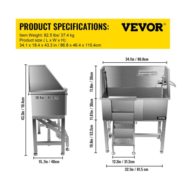 Μπανιέρα Περιποίησης Σκύλων από Ανοξείδωτο Ατσάλι 86.8 x 46.7 x 110.4 cm VEVOR CWYG34CBXGZKM0001V0