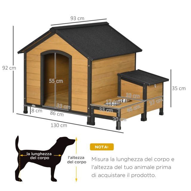 PawHut Kennel για σκύλους μεσαίου μεγέθους με 2 θήκες για μπολ, εξωτερικό κουτί και ασφαλτική στέγη, 130x93x92cm D02-096