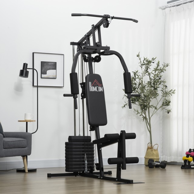 HOMCOM Fitness Station με βάρη 45kg για οικιακή και επαγγελματική προπόνηση, Πολυλειτουργικό Steel Gym, 135x103x210cm, Μαύρο