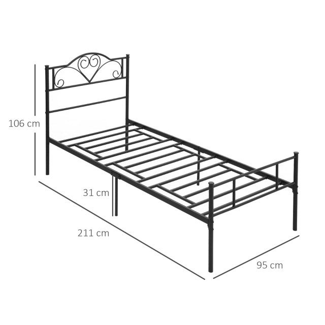 HOMCOM Σκελετός κρεβατιού μονό από ατσάλι με ενσωματωμένα πηχάκια, κεφαλάρι και πόδι, 90x200cm