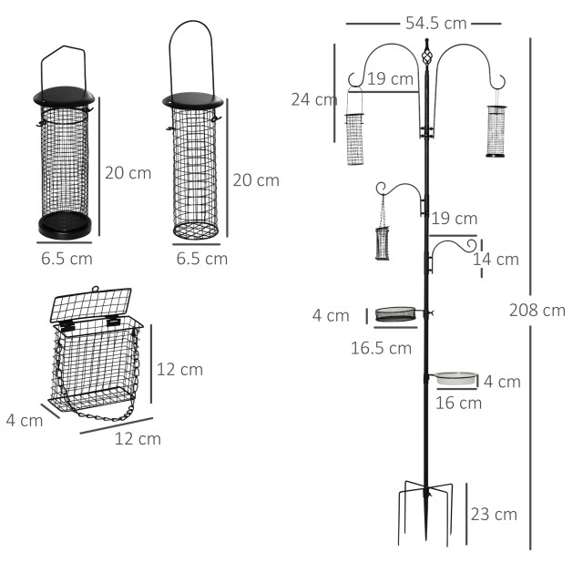 PawHut Bird Feeder με 4 γάντζους με δίσκους και 3 διαφορετικούς τροφοδότες σε ατσάλι 54,5x54,5x208cm Μαύρο