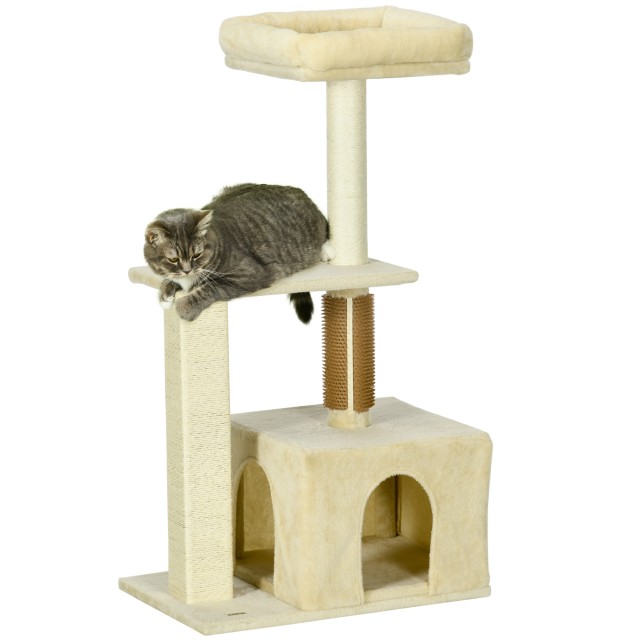 PawHut Cat Tree with Stake, Cat House, Scratching Post and Perch, 60x40x108 cm, Beige