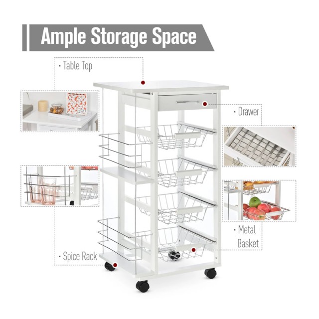 Πολυλειτουργικό Ξύλινο Τρόλεϊ Κουζίνας 83 x 47 x 37 cm Χρώματος Λευκό HOMCOM 801-121V01WT