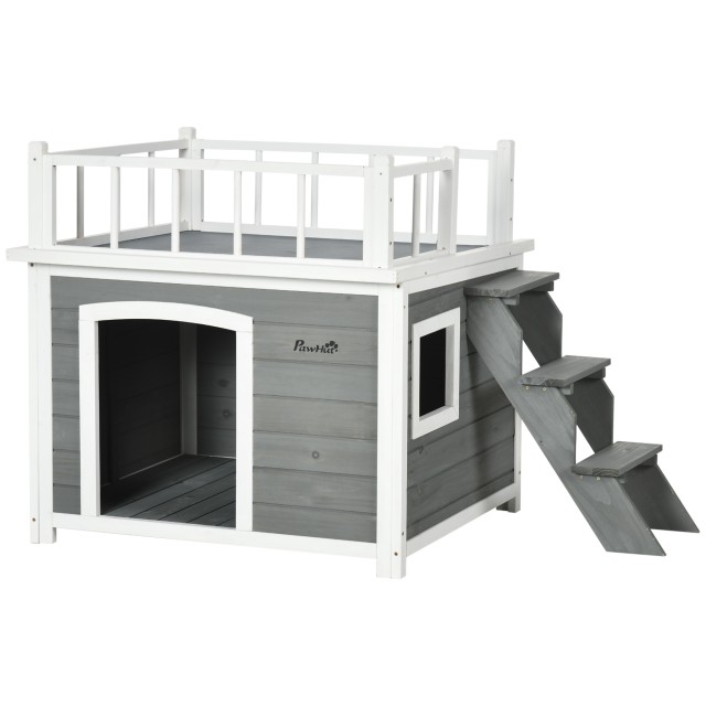 Pawhut Dog House με σκάλα βεράντας και παράθυρο 121x77x78cm Ανοιχτό γκρι