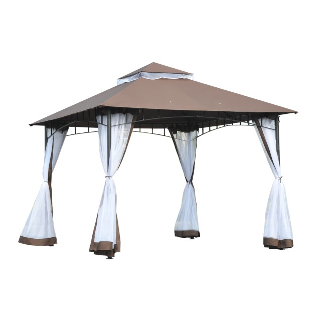 Outsunny Garden Gazebo 3x3m με κουνουπιέρα, πολυεστερική κατασκευή στέγης 2 επιπέδων σε καφέ μέταλλο