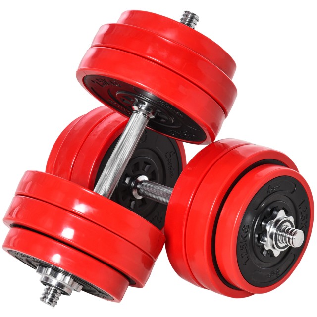 HOMCOM Barbell and Dumbbell Σετ 2 σε 1 Βάρη 30kg, Δίσκοι με πλαστική επίστρωση ανθεκτική στις γρατσουνιές, κόκκινο A91-156