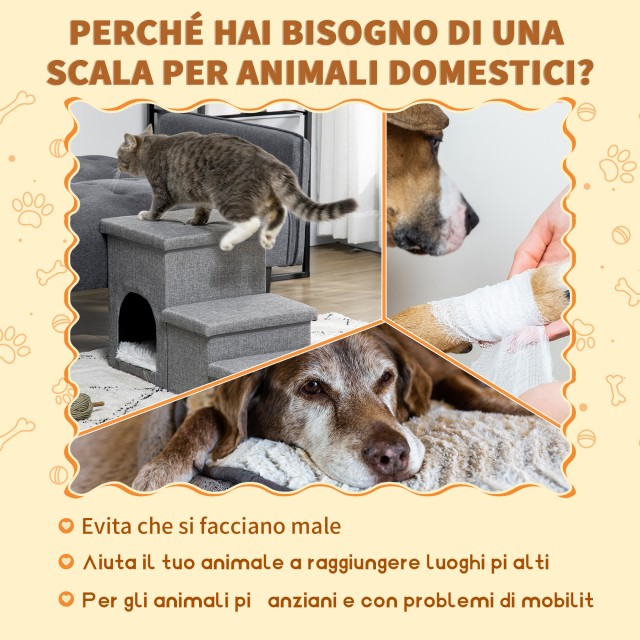 PawHut 3-Step Dog and Cat Ladder 10kg Max with Dog House and Αποθηκευτικός χώρος, 73,5x33x40,5 cm, Γκρι D06-172V00LG