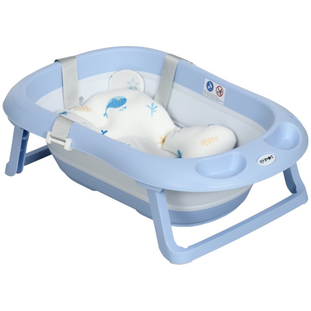 ZONEKIZ Πτυσσόμενη μπανιέρα για παιδιά 0-6 ετών με μαξιλάρι και 2 ράφια, 83x48x23,5 cm, Μπλε και Λευκό
