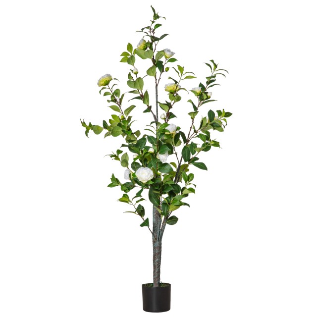 HOMCOM Fake Camellia Tree Plant με γλάστρα και 25 λουλούδια για εσωτερικούς και εξωτερικούς χώρους, Ύψος 150cm - Πράσινο / Λευκό