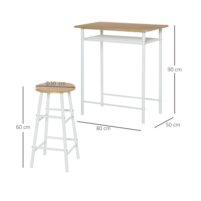 Σετ Μεταλλικό Ορθογώνιο Τραπέζι - Bar 80 x 50 x 90 cm με 2 Σκαμπό Χρώματος Λευκό HOMCOM 835-297WT