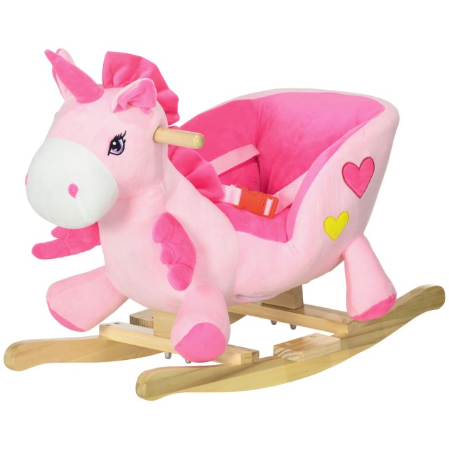 HOMCOM Unicorn Rocking Horse με 32 τραγούδια, ξύλινη βάση και ζώνη ασφαλείας, ηλικία 18-36 μηνών, ροζ