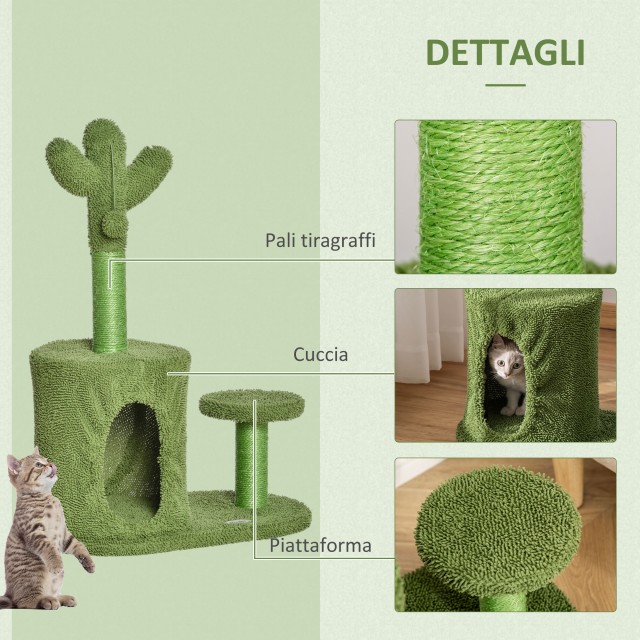 PawHut Cat Scratching Post Tree Έως 4,5 κιλά σε σχήμα Κάκτου με μπάλες και κρεβάτι, 60x35x78cm - Πράσινο D30-450