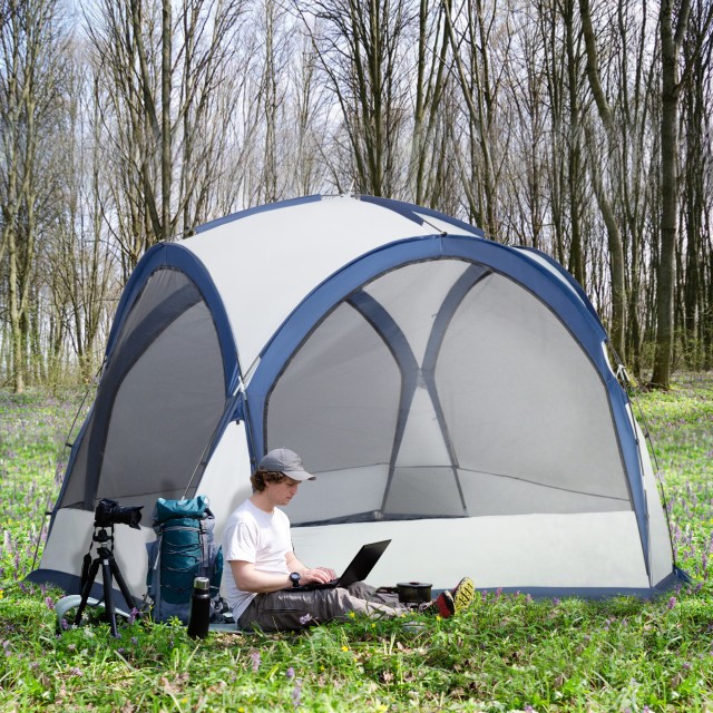 Σκηνή Camping Outsunny 6-8 ατόμων, 4 πόρτες με φερμουάρ, τσάντα και γάντζος, 350x350x230 cm, λευκό και μπλε