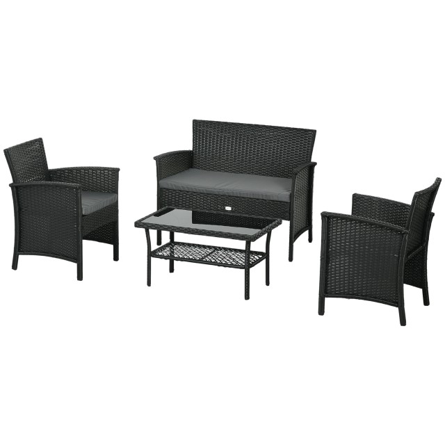 PE Rattan Outdoor Lounge με καναπέ, 2 πολυθρόνες με μαξιλάρια και γυάλινο τραπεζάκι σαλονιού, μαύρο και γκρι 860-331V00GY