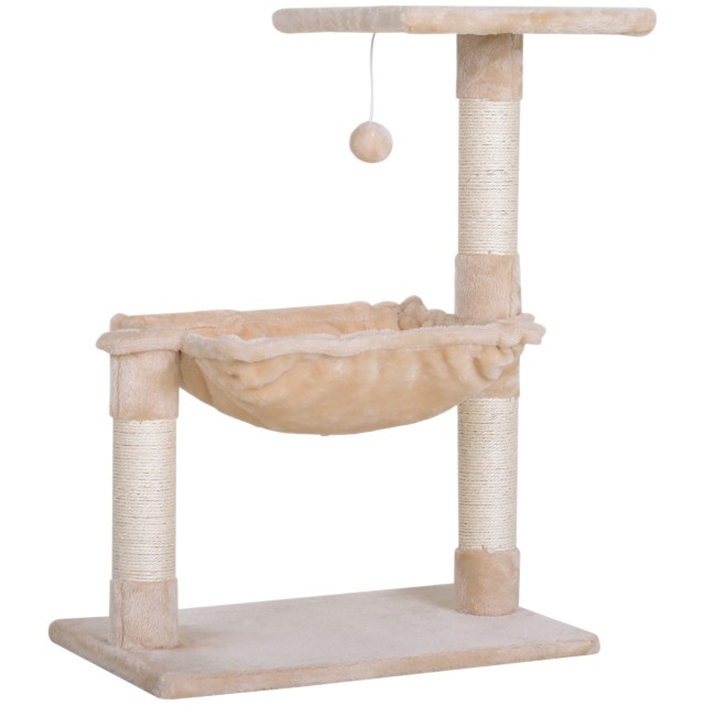 PawHut Tower for Cats max 3,6kg με αιώρα και κρεμαστή μπάλα, σε ξύλο και βελούδινο, 50x36x70 cm, μπεζ