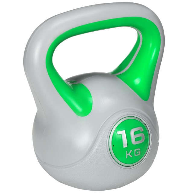 SPORTNOW Kettlebell 16kg σε PU και Sand με επίπεδη βάση και λαβή για Deadlifts, Squats και Lifts, 26x18x32 cm, Πράσινο A91-255V07GN