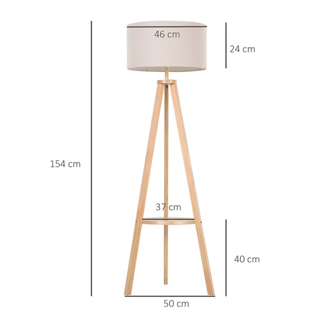 Ξύλινο Τρίποδο Φωτιστικό Δαπέδου με 1 Ράφι 40 W HOMCOM B31-095