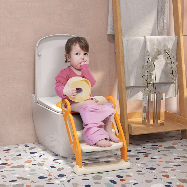 ZONEKIZ Μειωτήρας τουαλέτας με αναδιπλούμενη σκάλα, πλαϊνές λαβές και αφαιρούμενο μαξιλάρι, πορτοκαλί