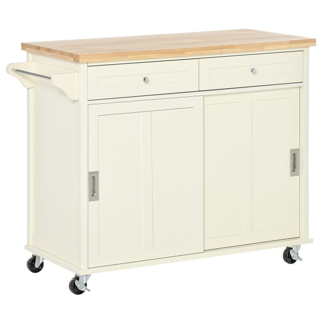 HOMCOM Kitchen Island για σκεύη και αξεσουάρ με συρτάρια, ντουλάπι και κρεμάστρα για πετσέτες, 110x49,5x89,5 cm, Λευκό