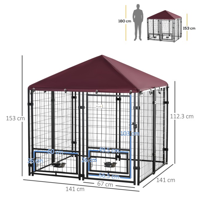 PawHut Outdoor Dog Run με κλειδαριά, 2 περιστρεφόμενα μπολ και αφαιρούμενο κάλυμμα, μαύρο και κόκκινο D02-092