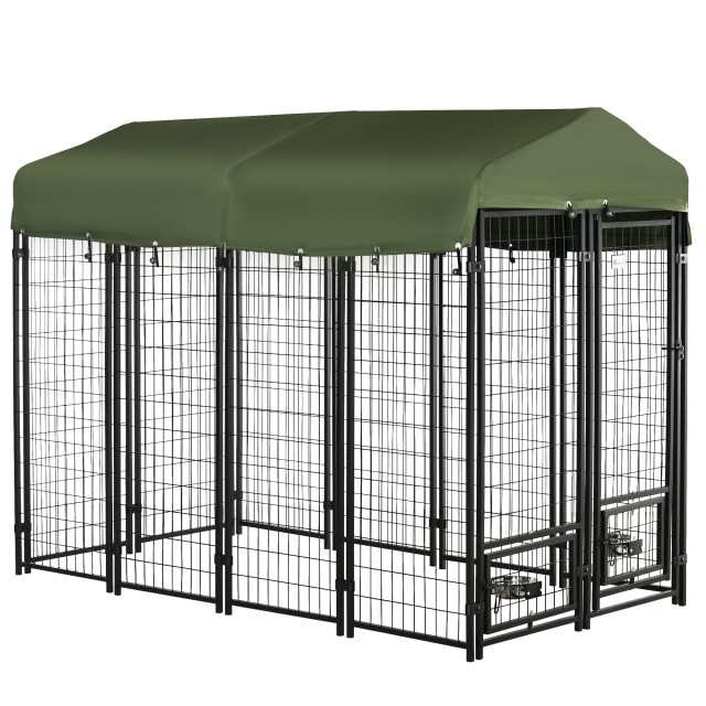 PawHut Steel Dog Kennel για εσωτερική και εξωτερική χρήση με υφασμάτινο κουβούκλιο Oxford και 2 μπολ, 244x122x183 cm